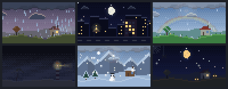 Six AniMeteo scenes: a thunderstorm in the countryside, a city at night with a car, a rainbow, a lighthouse in the fog, snowy mountains with a snowman, Halloween with a witch and pumpkins.