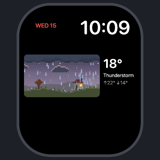 An Apple Watch face with an AniMeteo complication: a pixel-art countryside in a thunderstorm, lightning striking the house, next to 18°, Thunderstorm.