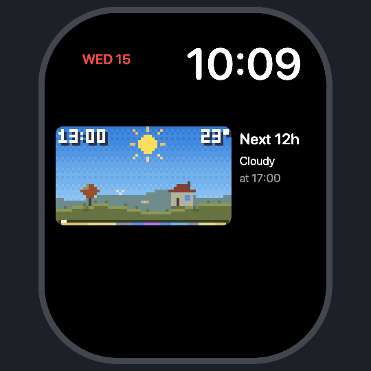 The Next 12 Hours complication: a timelapse with the time and temperature in the corners and a coloured ruler of the day along the bottom.