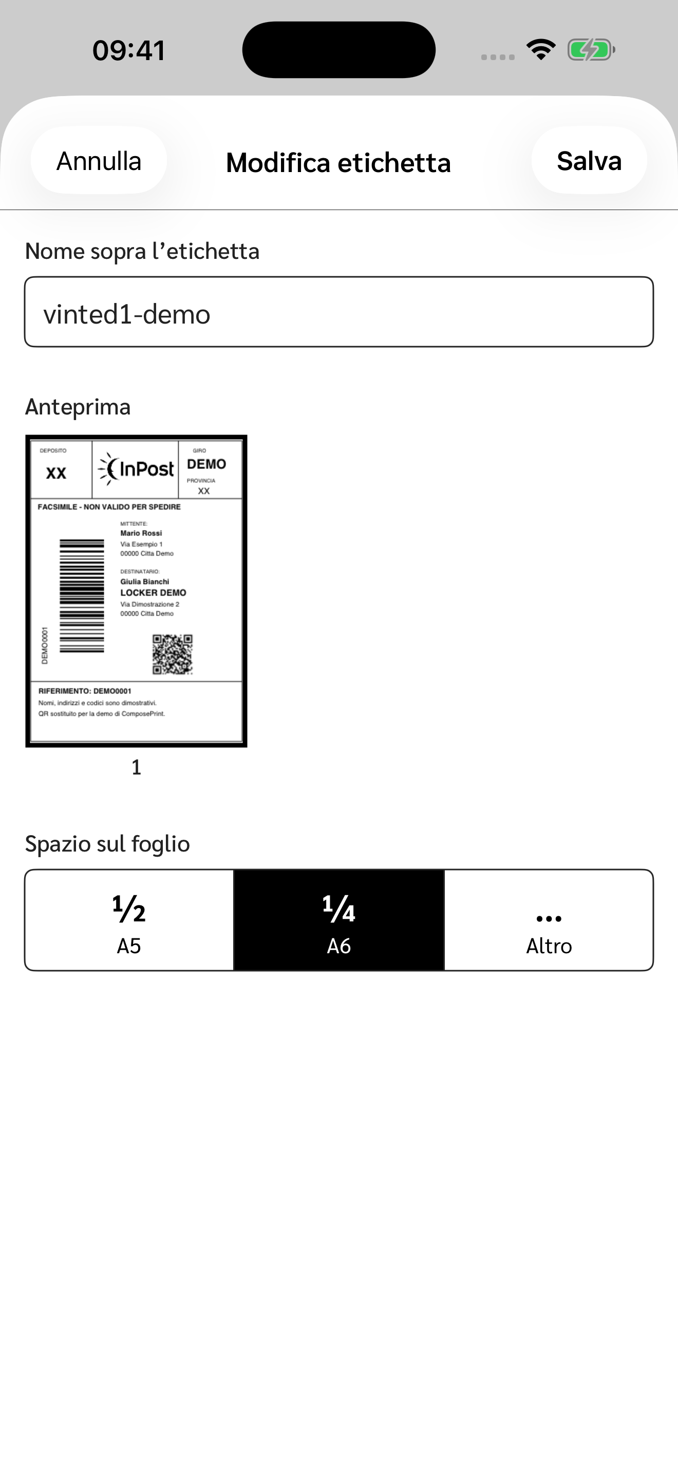 Scelta della frazione di foglio per un’etichetta dimostrativa