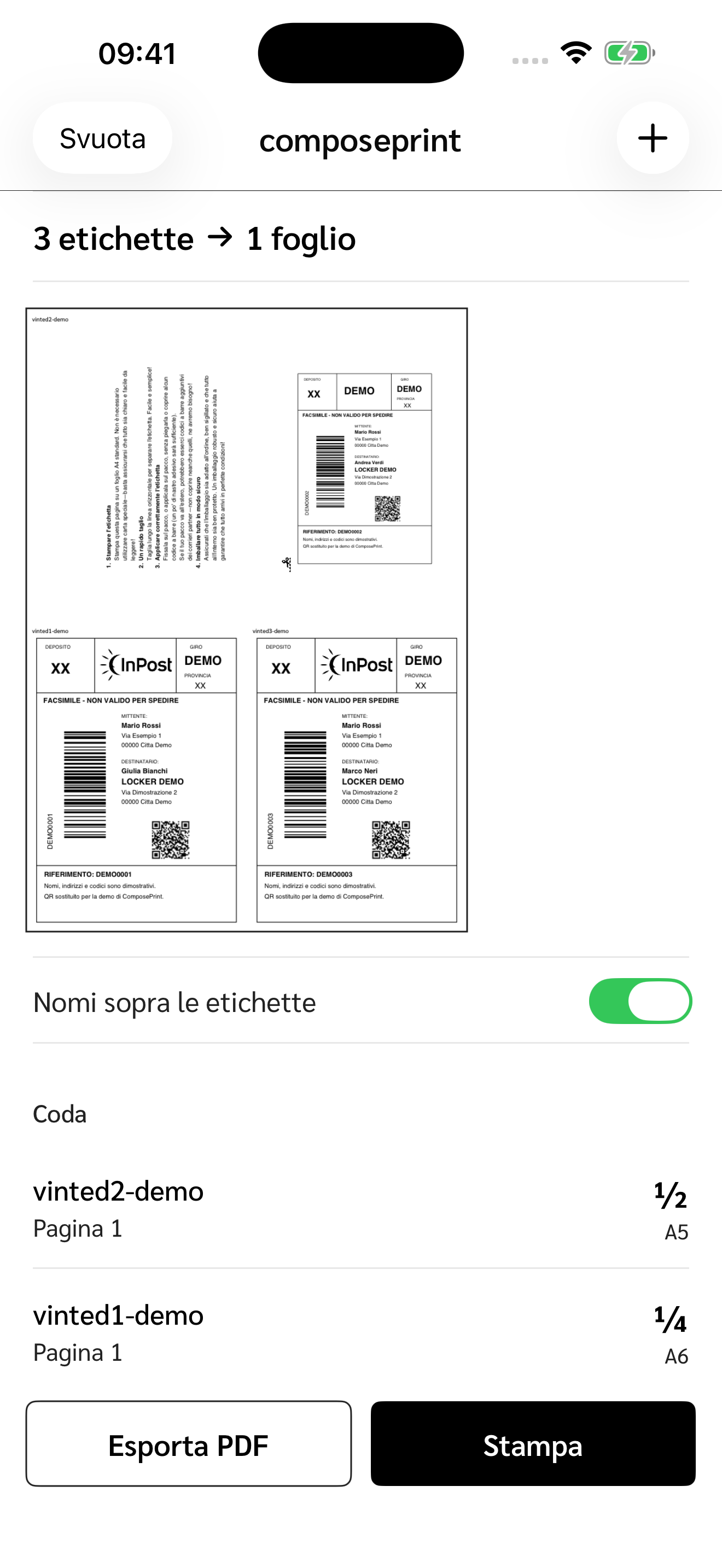 Tre PDF anonimizzati composti su un foglio A4, con pulsanti Esporta PDF e Stampa