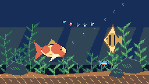 Colourful fish swimming among plants in the included pixel-art aquarium.