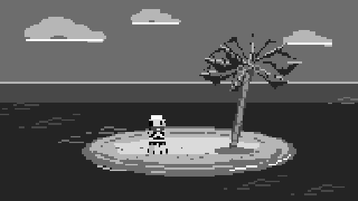 The included castaway animation in its dedicated monochrome palette.