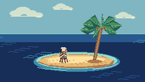 A castaway fishing beside a palm tree on a tiny island.