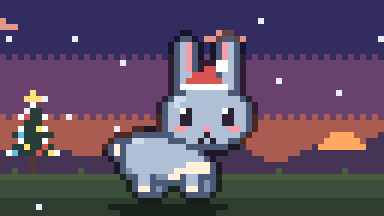 A rabbit in a Santa hat next to a decorated fir at dusk, with falling snow.
