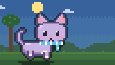 A lilac pixel-art cat with a striped scarf walking in a sunny garden.