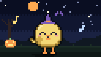 A chick in a witch hat dancing on Halloween night, with a jack-o'-lantern and bats.